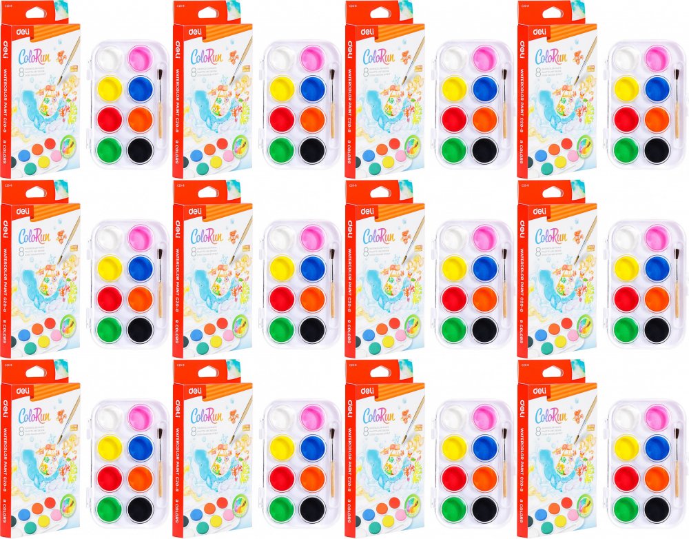 12x Farby akwarelowe Deli Colorun EC20 z pędzelkiem, 8 sztuk, mix kolorów