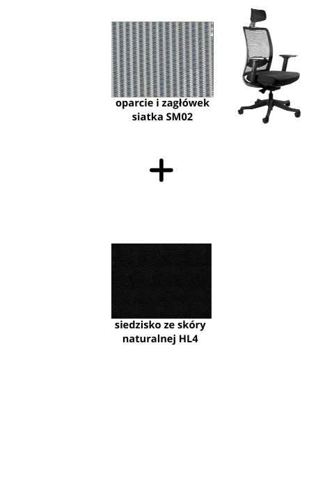 ANGGUN fotel biurowy czarny stelaż, siatka/tkanina lub skóra naturalna kolory (Siatka: SM02, Kolor siedziska: skóra HL4)