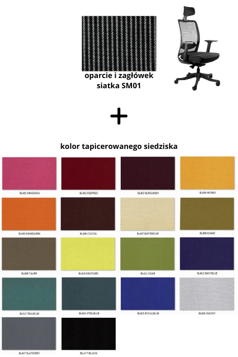 ANGGUN fotel biurowy biały, siatka/tkanina lub skóra naturalna kolory (Siatka: SM01, Kolor siedziska: BL404)