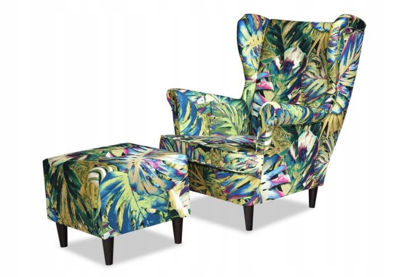 Fotel uszak do salonu z podnóżkiem Family Meble ARI PRINT Monstera 1szt