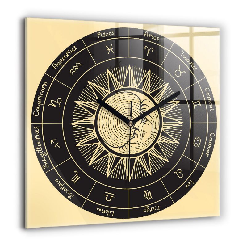 Zegar szklany czarne wskazówki Wallfluent 60x60 cm Zodiaki i Słońce 1 szt.