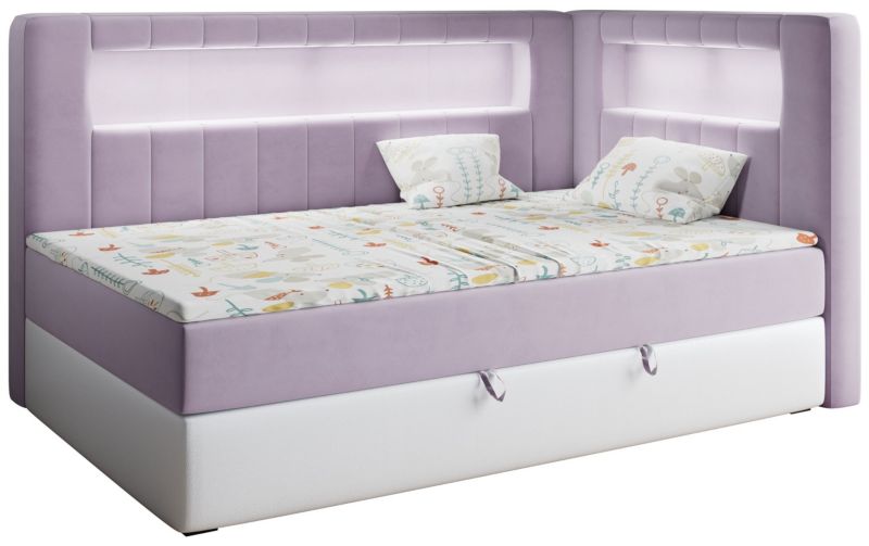 Łóżko młodzieżowe MKS Meble JUNIOR GOLD 3 90x200 H3 Fioletowy biały welvet ecoskóra strona prawa 1szt.