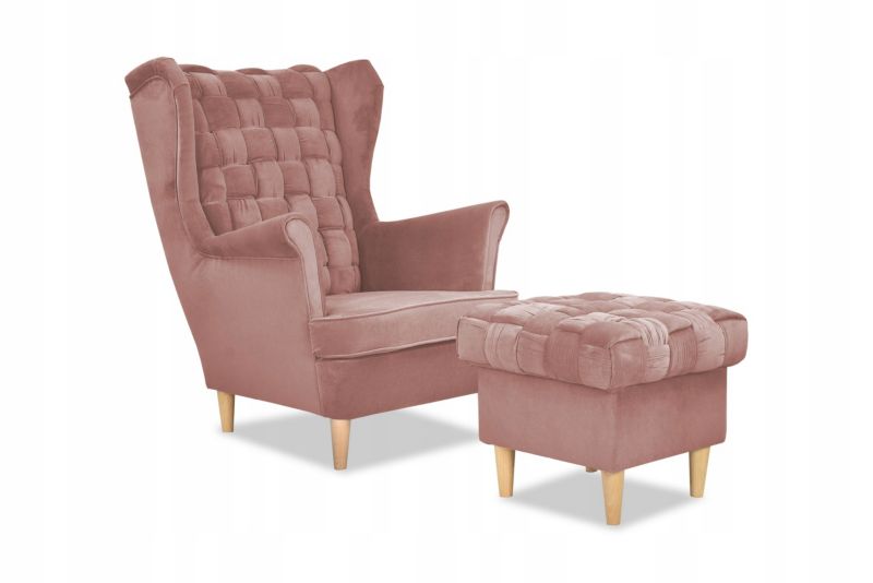 Fotel uszak do salonu z podnóżkiem Family Meble Carol brudny różowy 1szt