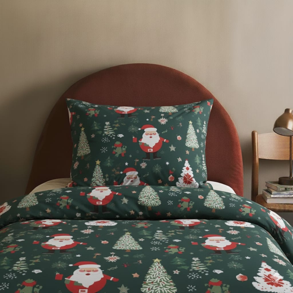 Komplet pościeli świątecznej Mikołaj na butelkowej zieleni 140x200 cm BW
