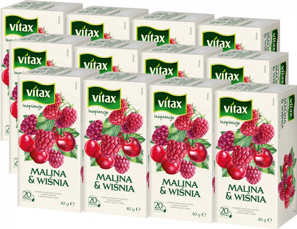 12x Herbata owocowa w torebkach Vitax Inspirations, malina i wiśnia, 20 sztuk x 2g