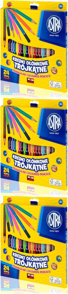 3x Kredki ołówkowe Astra, trójkątne, 24 sztuki + temperówka, mix kolorów