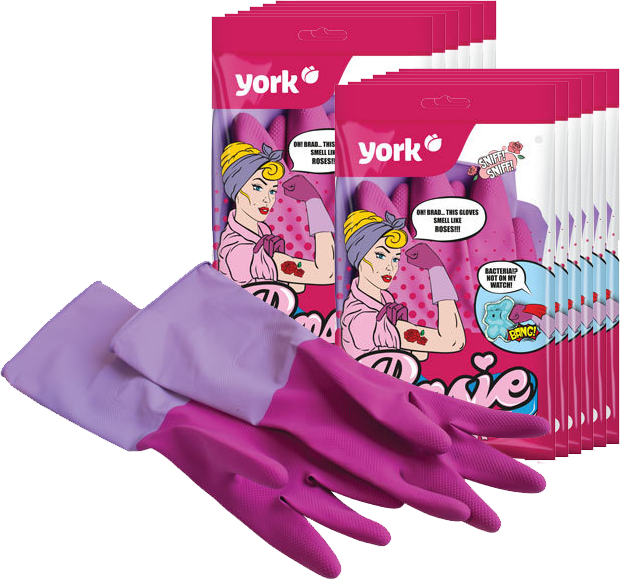 12x Rękawice lateksowe domowe, zapachowe York Rosie, z powłoką antybakteryjną, rozmiar L, 1 para, różowy