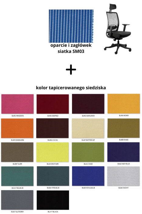 ANGGUN fotel biurowy biały, siatka/tkanina lub skóra naturalna kolory (Siatka: SM03, Kolor siedziska: BL412)