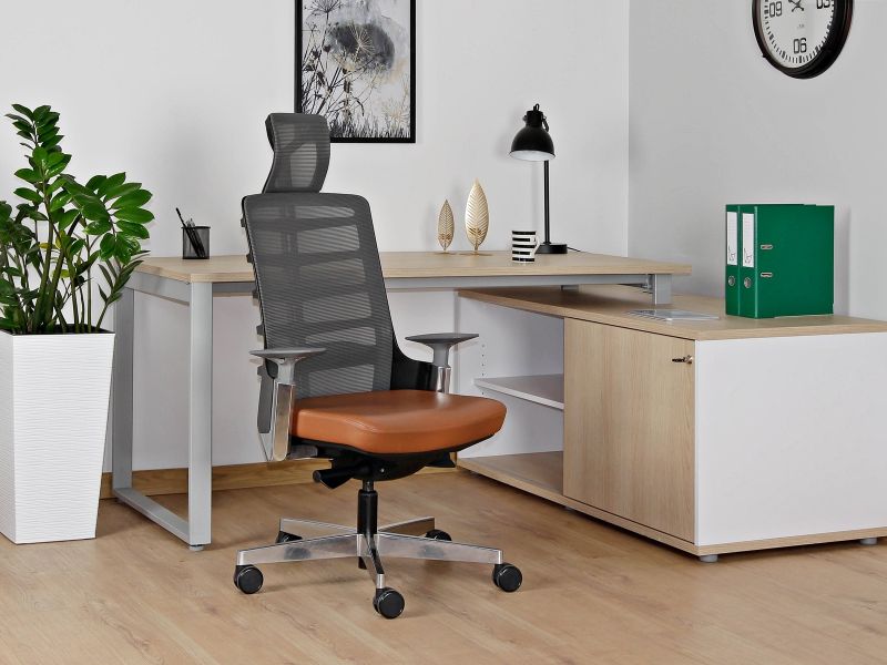 SPINELLY fotel biurowy czarny, siatka/tkanina lub skóra naturalna (Kolor siedziska: skóra naturalna HL-3)