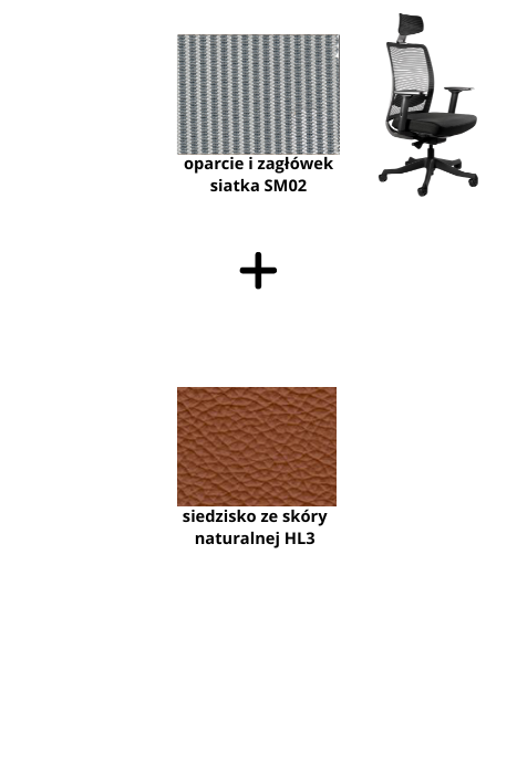 ANGGUN fotel biurowy czarny stelaż, siatka/tkanina lub skóra naturalna kolory (Siatka: SM02, Kolor siedziska: skóra HL3)