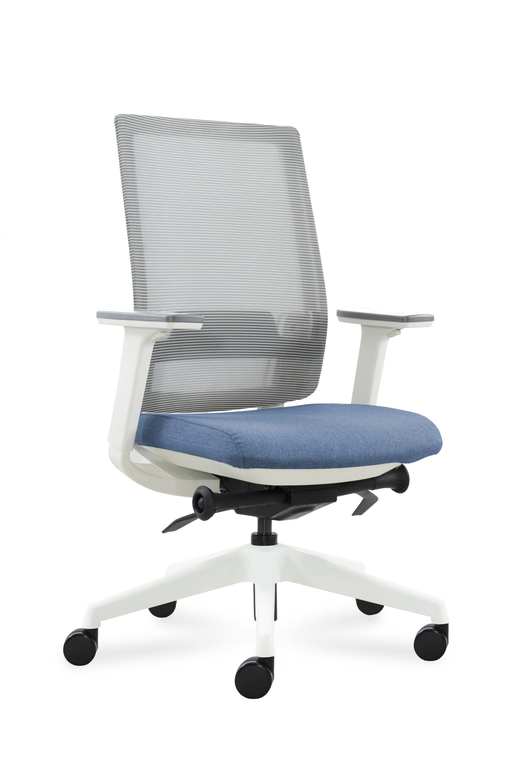 DEEO fotel biurowy biały, siatka/tkanina 5 kolorów (Stelaż: aluminium, Kolor siedziska: VF-2 niebieski)