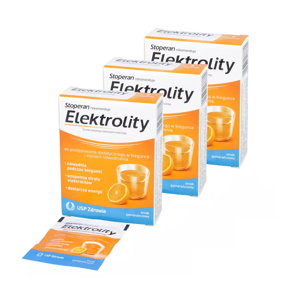 Zestaw: 3 x stoperan elektrolity - do postępowania dietetycznego w biegunce, smak pomarańczowy, saszetki, 7 sztuk