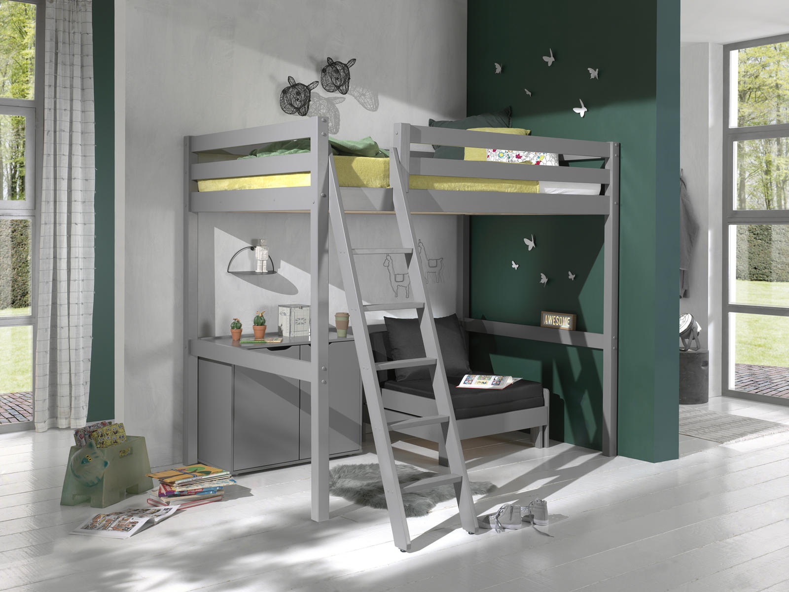 Łóżko piętrowe z litego drewna z fotelem jako dostawką i komodą Pino szary