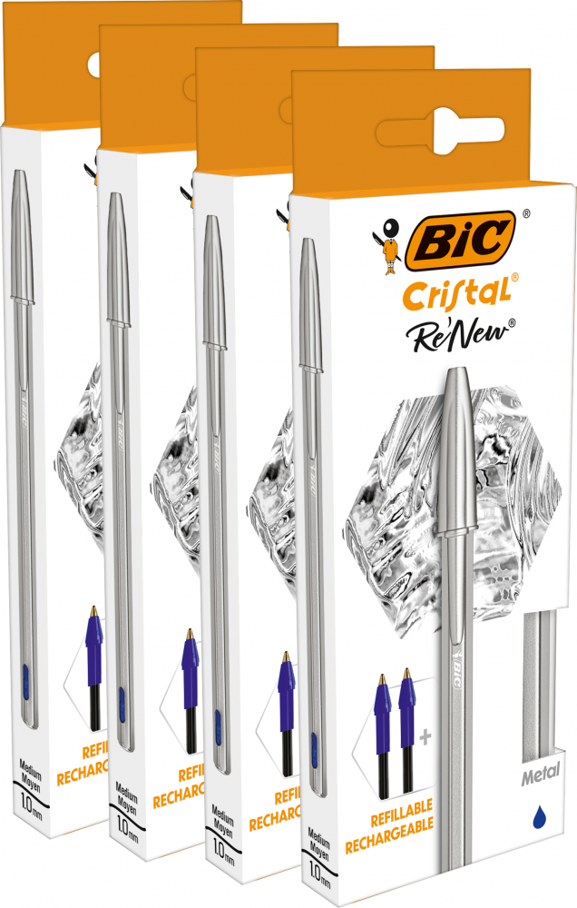4x Długopis Bic Cristal Re'new Metal, 1mm+2 wkłady, niebieski
