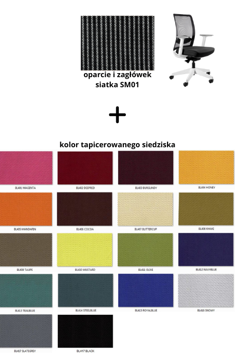 ANGGUN M fotel biurowy biały, siatka/tkanina lub skóra naturalna (Siatka: SM01, Kolor siedziska: BL404)