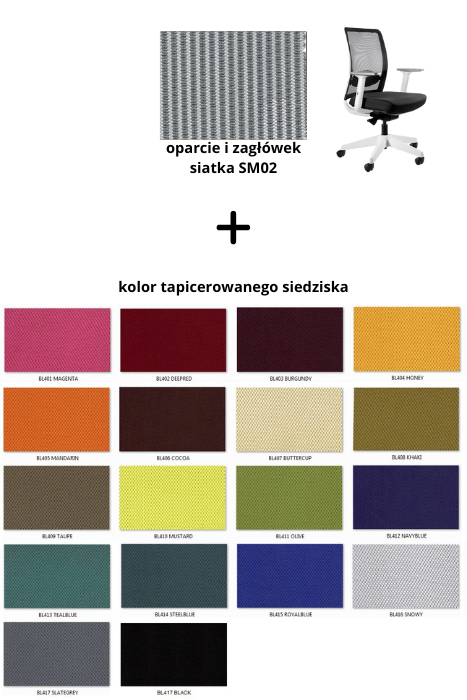 ANGGUN M fotel biurowy biały, siatka/tkanina lub skóra naturalna (Siatka: SM02, Kolor siedziska: BL405)