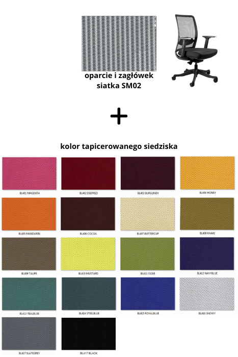 ANGGUN M fotel biurowy czarny stelaż, siatka, tkanina kolory (Kolor siedziska: BL408, Kolor siatki: szara SM02)