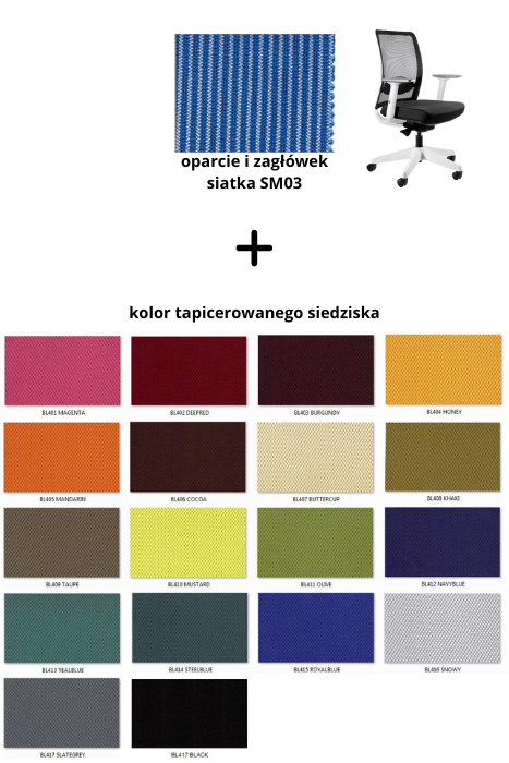 ANGGUN M fotel biurowy biały, siatka/tkanina lub skóra naturalna (Siatka: SM03, Kolor siedziska: BL405)