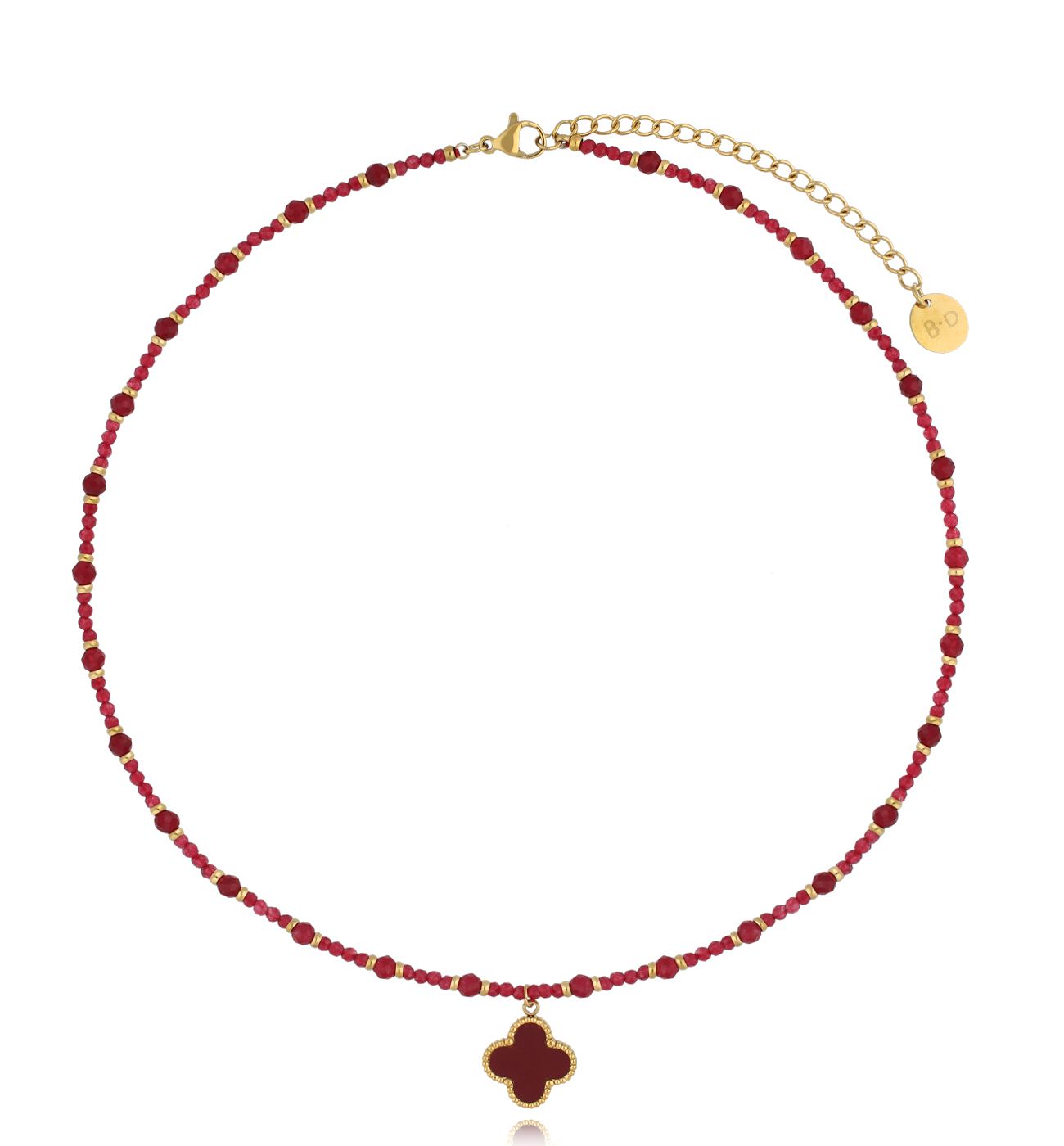 Naszyjnik bordowy z jadeitami i koniczynką - By Dziubeka