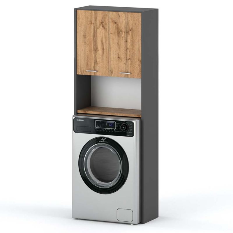 Regał Łazienkowy Hurtownia-Mebli 2 Drzwi Regał Hugo nad pralkę 64cm Szary Mat Dąb Wotan 64x30x165 cm 1szt.