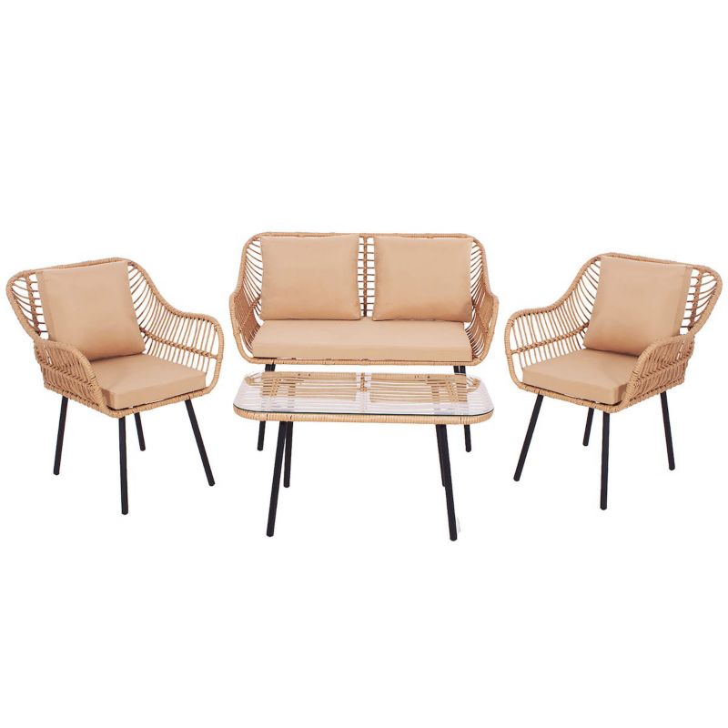 Meble ogrodowe Springos technorattanowe komplet sofa, fotele i stolik ze szklanym blatem beżowe 1 kpl.