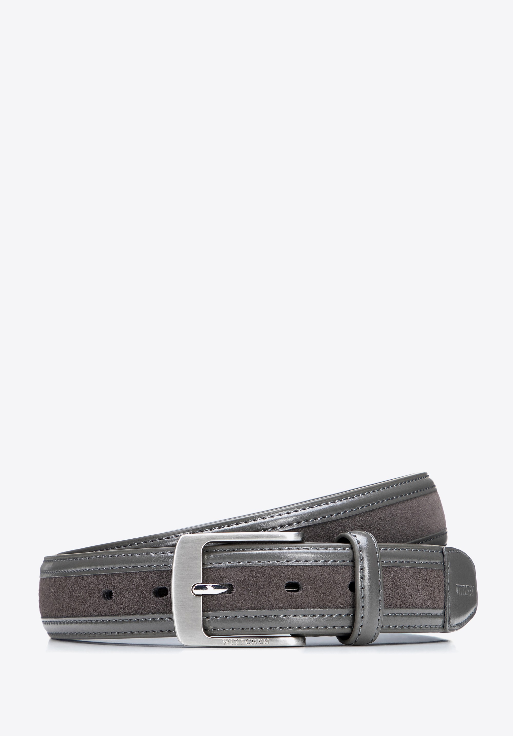 Skórzany pasek męski z połączeniem dwóch faktur szary