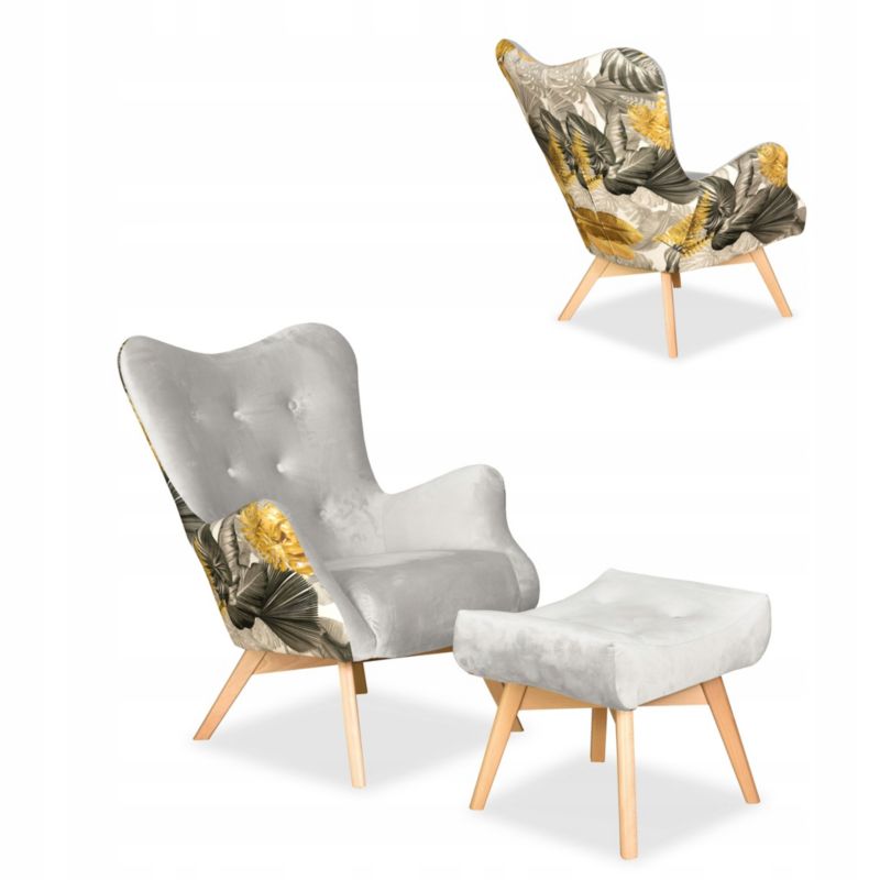 Fotel uszak do salonu z podnóżkiem Family Meble Luna Print Duo szary 1szt