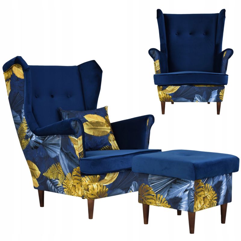 Fotel uszak do salonu z podnóżkiem Family Meble Ari Print Duo niebieski liście 1szt