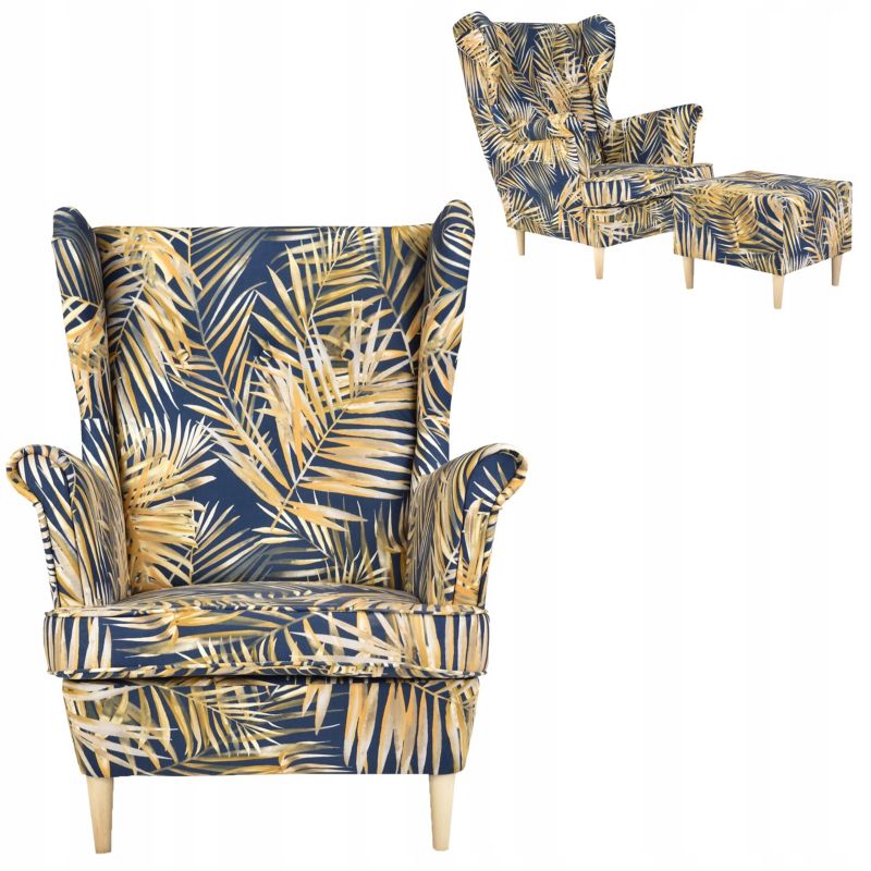 Fotel uszak do salonu z podnóżkiem Family Meble ARI PRINT granat liście 1szt