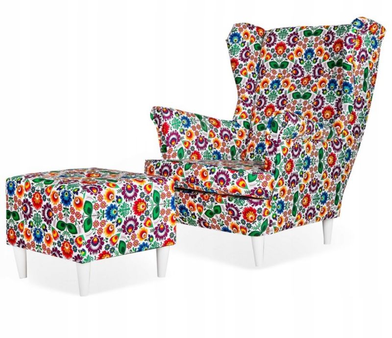 Fotel uszak do salonu z podnóżkiem Family Meble ARI PRINT łowicki 1szt