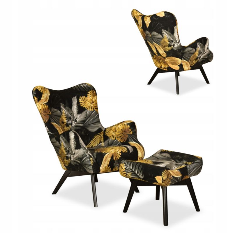 Fotel uszak do salonu z podnóżkiem Family Meble Luna Print Duo liście 1szt