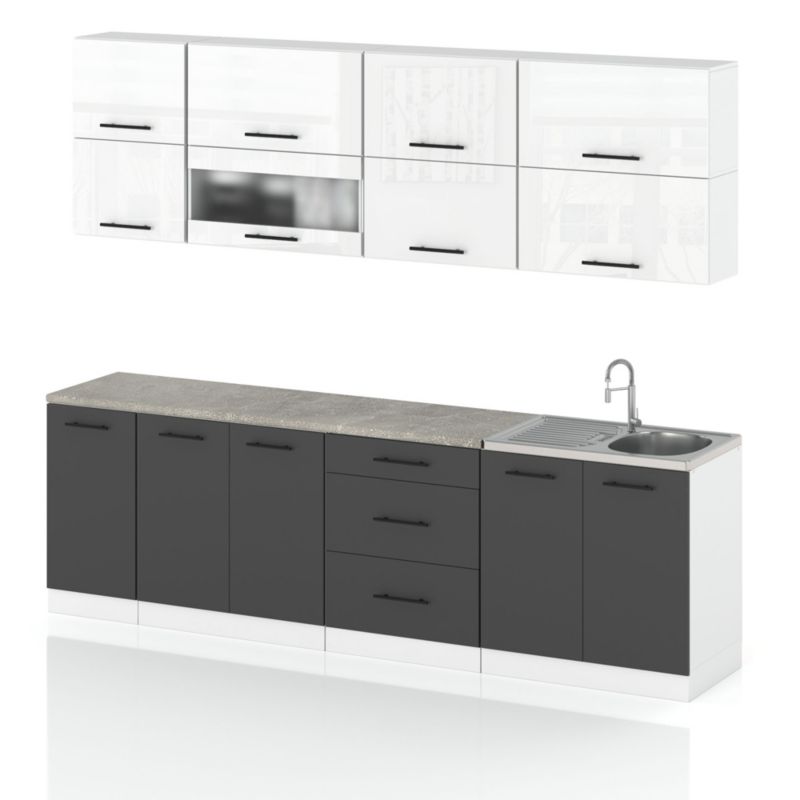 Zestaw Kuchenny Hurtownia-Mebli Z Blatem Kuchnia Robo Lux 260cm Biały Mat Biały Połysk/Szary Mat 260x52x157 cm 1szt.