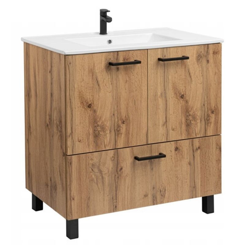 Szafka do Łazienki Stamar z Umywalką Stojąca 800x470mm Dąb Wotan +Bateria Czarna Sigma 1 szt