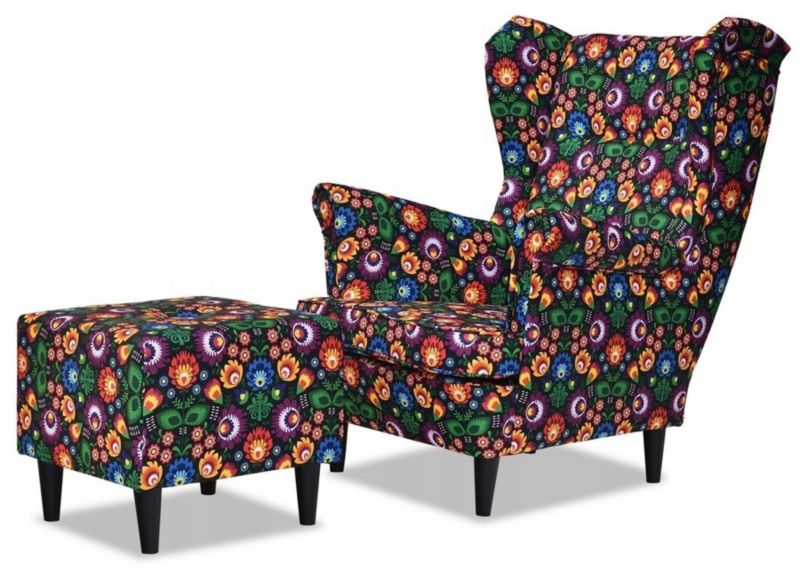 Fotel uszak do salonu z podnóżkiem Family Meble ARI PRINT łowicki 1szt