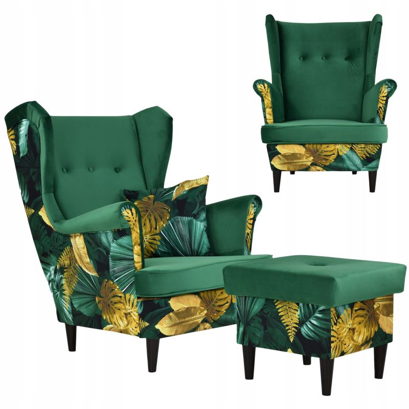 Fotel uszak do salonu z podnóżkiem Family Meble Ari Print Duo zielony liście 1szt