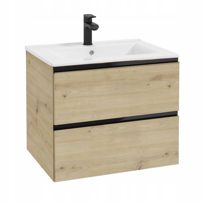 Szafka Z Umywalką do Łazienki 60x46 Wisząca Dąb Artisan MDF +Bateria Czarna