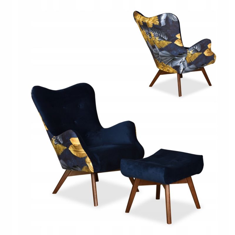 Fotel uszak do salonu z podnóżkiem Family Meble Luna Print Duo kobalt 1szt