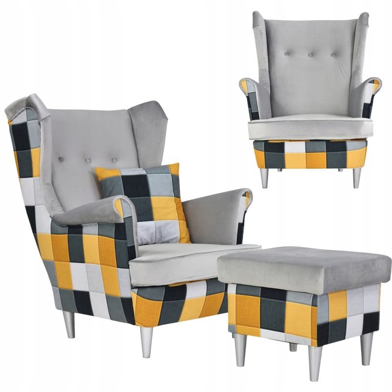 Fotel uszak do salonu z podnóżkiem Family Meble Ari Print Duo kratka 1szt