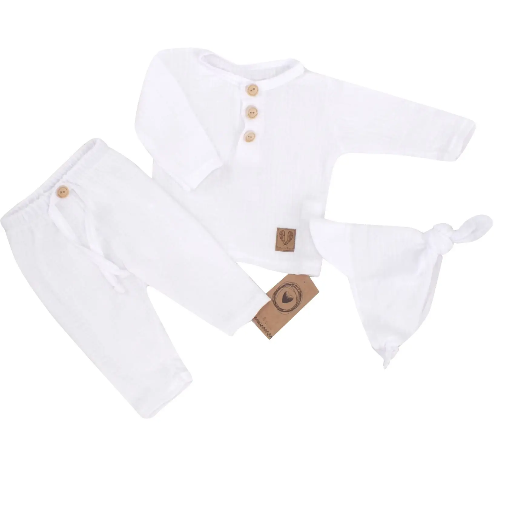 3CZ MUŚLINOWY KOMPLET KOSZULKA + SPODNIE + CZAPKA BIAŁY ZZ - 62