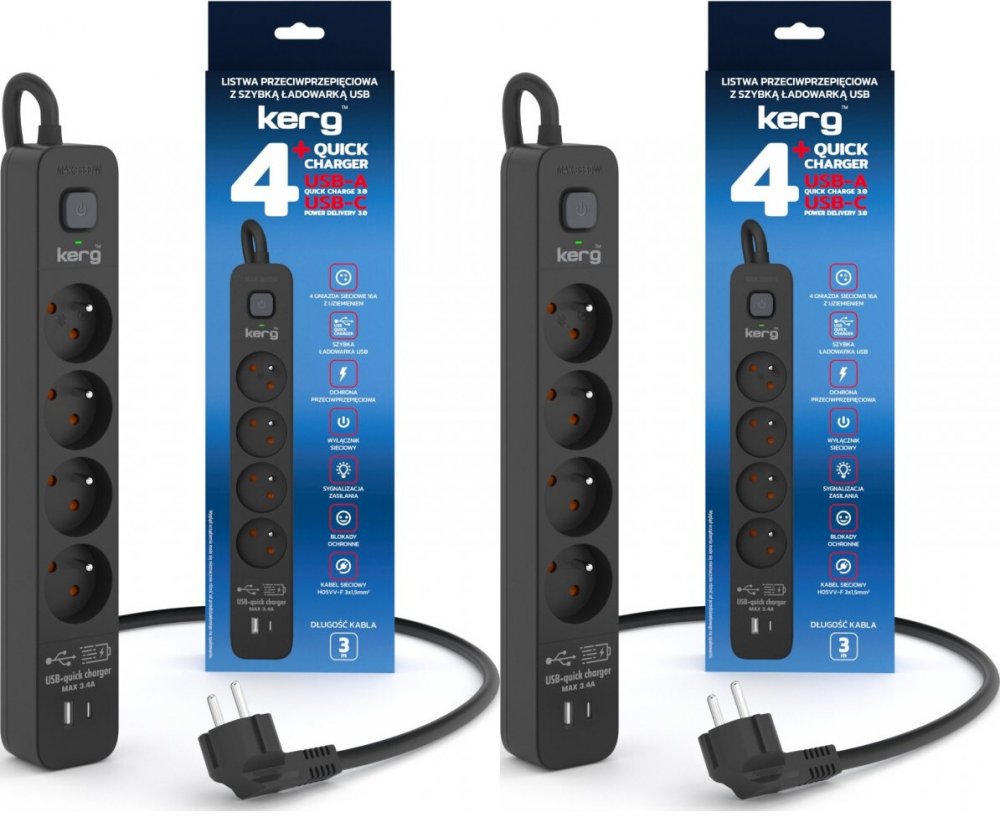 2x Listwa przeciwprzepięciowa Kerg, 3m, 4 gniazda + szybka ładowarka 1xUSB-A/1x USB-C, czarny