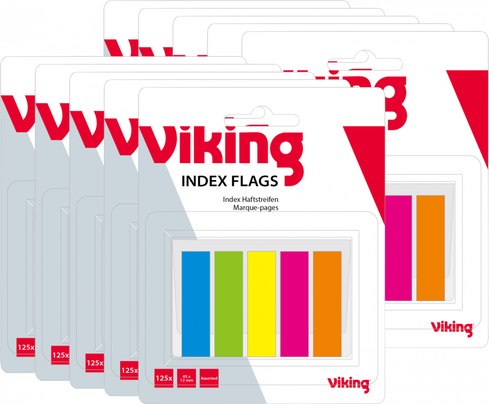 10x Zakładki samoprzylepne Viking proste, indeksujące, folia, transparentne, 45x12mm, 5x25 sztuk, mix kolorów