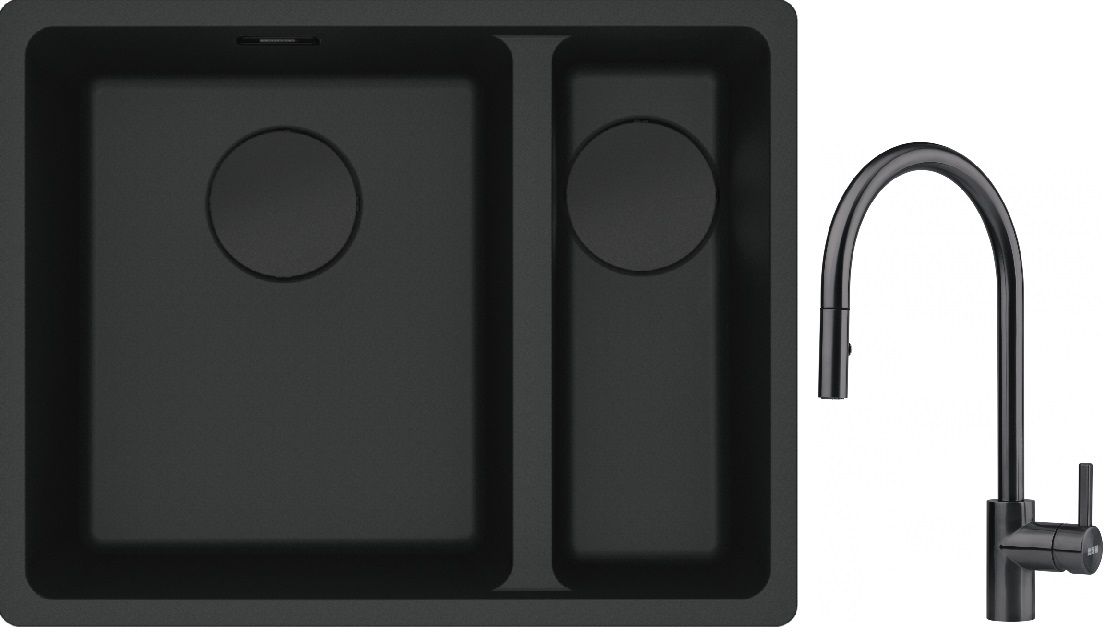 Franke Maris MRG 160-34-15SBR zlewozmywak 52x40 cm Fragranite czarny mat z baterią kuchenną Eos czarna stal szlachetna (1250697755, ...