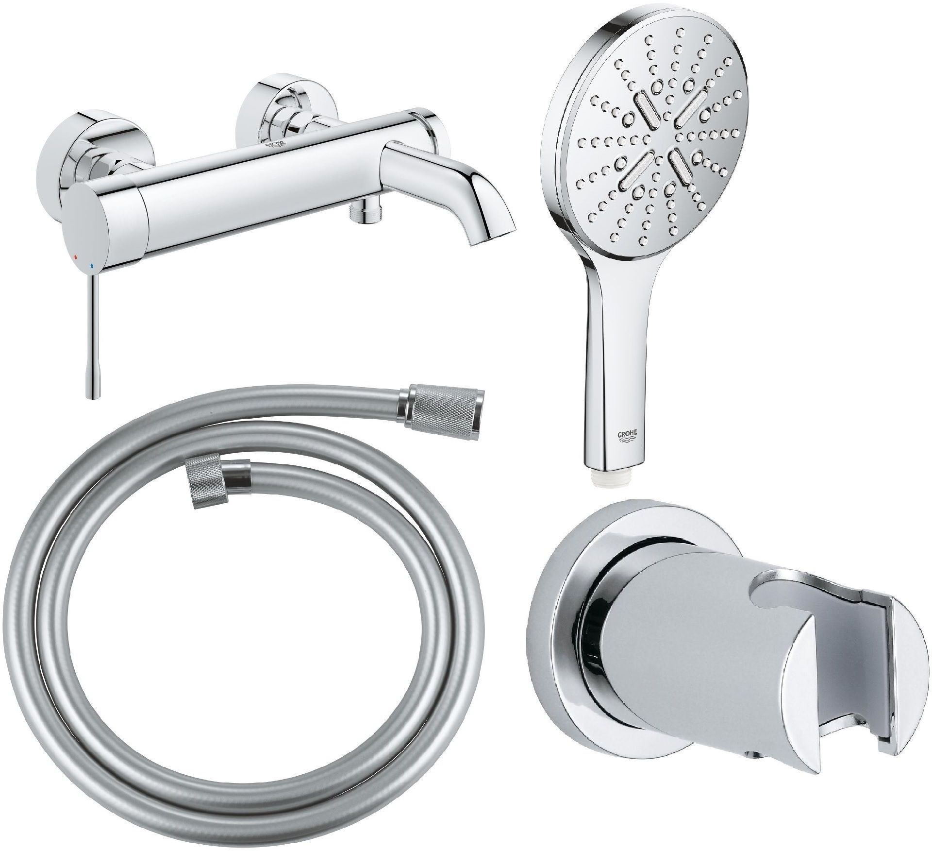 Zestaw Grohe Essence bateria wannowo-prysznicowa ścienna z zestawem prysznicowym chrom (33624001, 22112000, 26574000, 27074000) - Wysyłka w 24h
