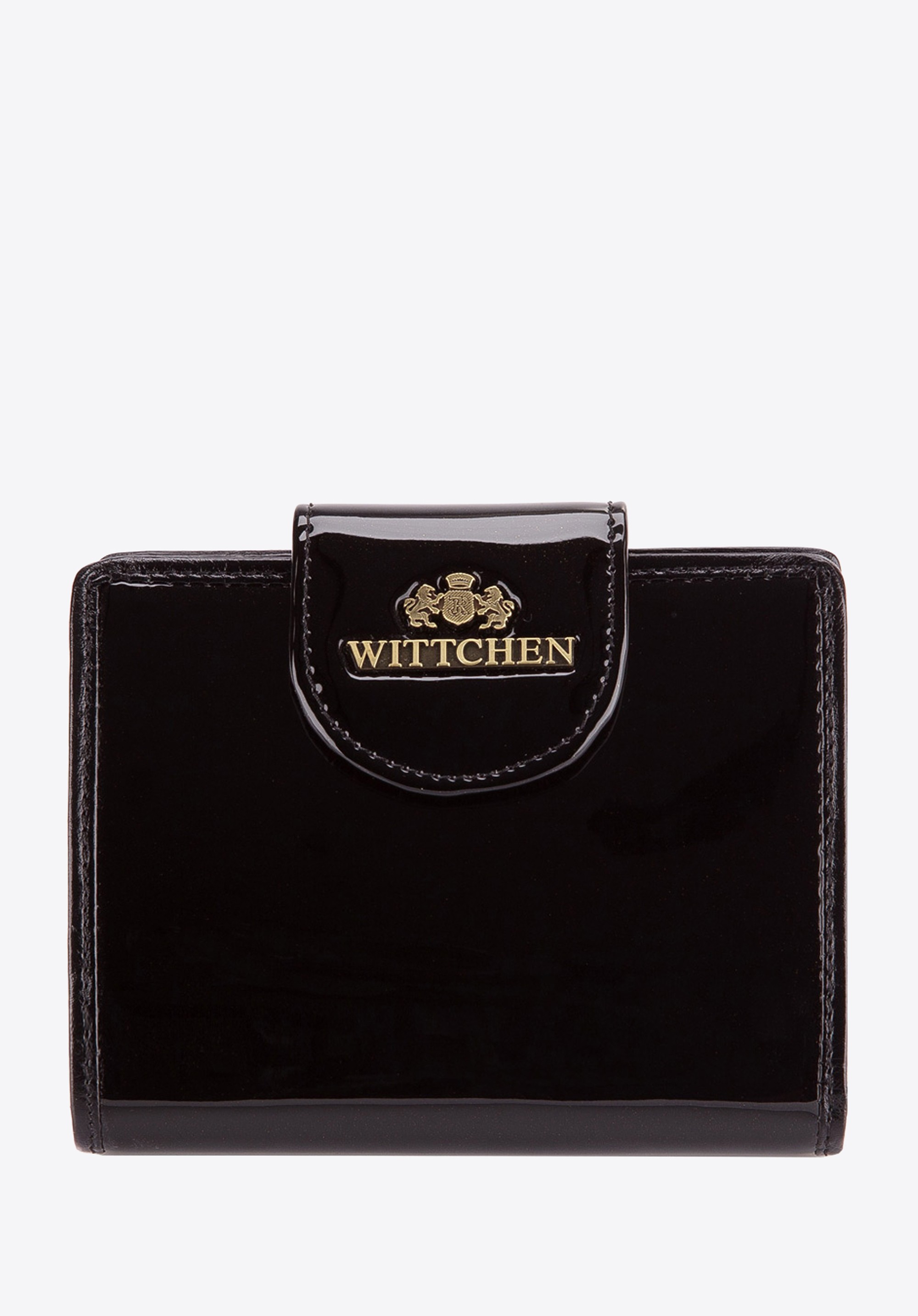 Damski portfel ze skóry lakierowany z ozdobną napą czarny