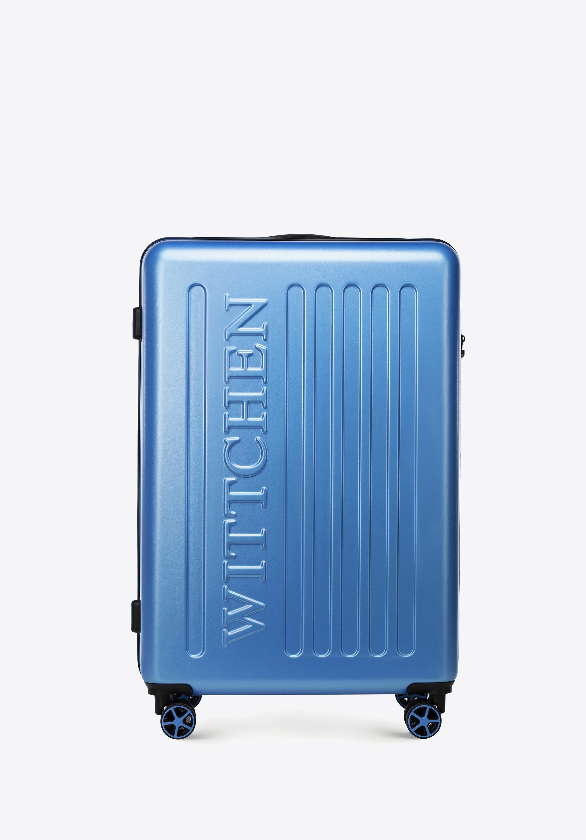 Duża walizka z ABS-u z tłoczonym logo niebieska