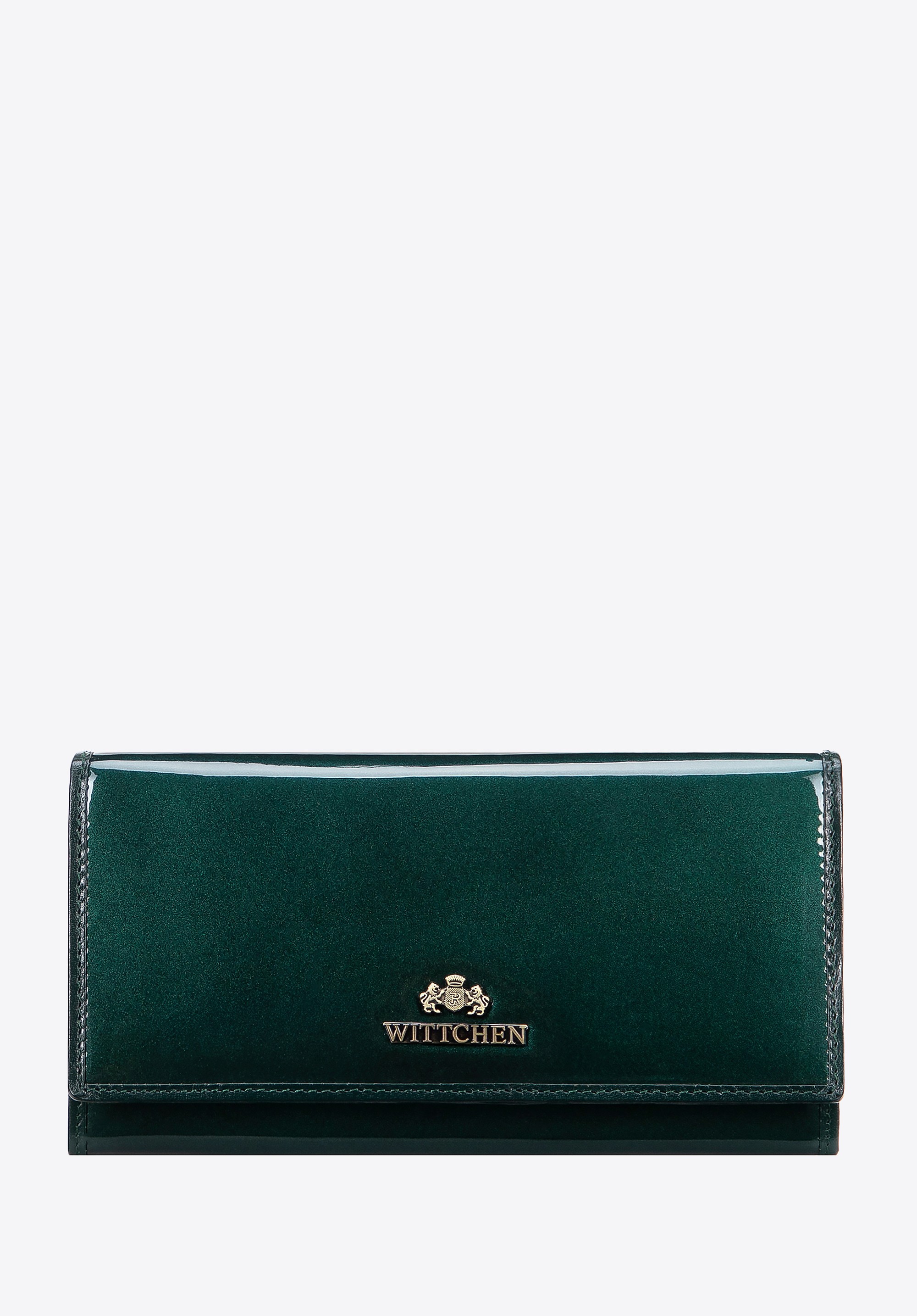 Duży portfel damski ze skóry lakierowanej z logo zielony
