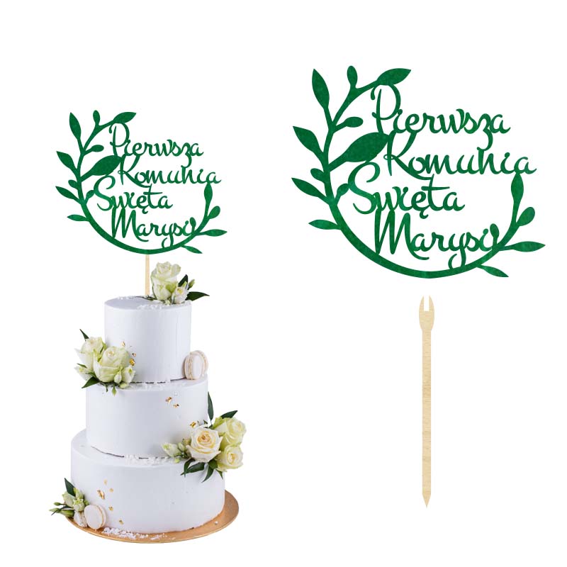 Topper Komunia Święta z imieniem na bok tortu w kolorze zielonym z gałązkami