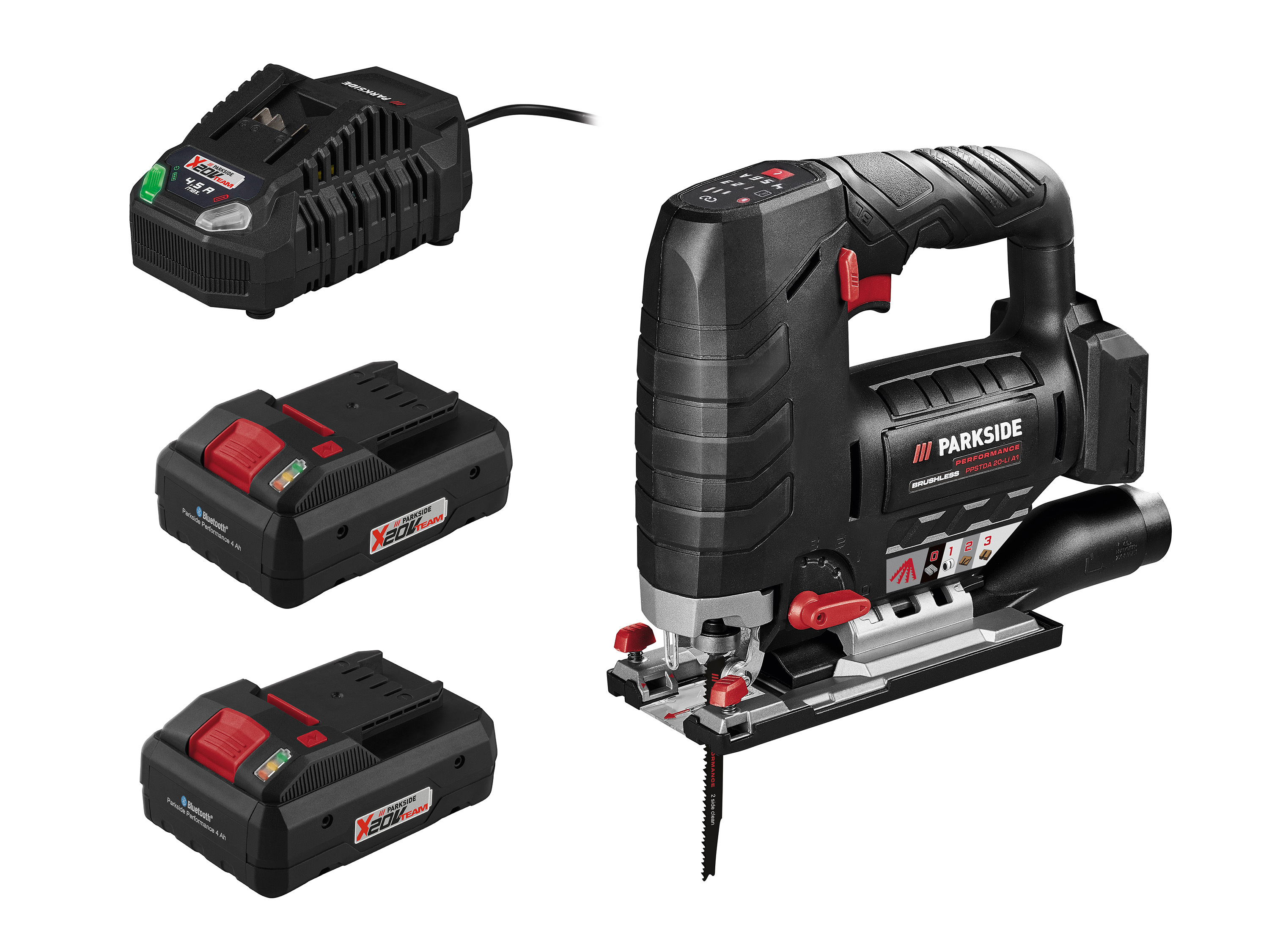 Parkside Performance Zestaw Akumulatorowa wyrzynarka 20 V z 2 akumulatorami Smart, 4 Ah i szybką ładowarką, 4,5 A