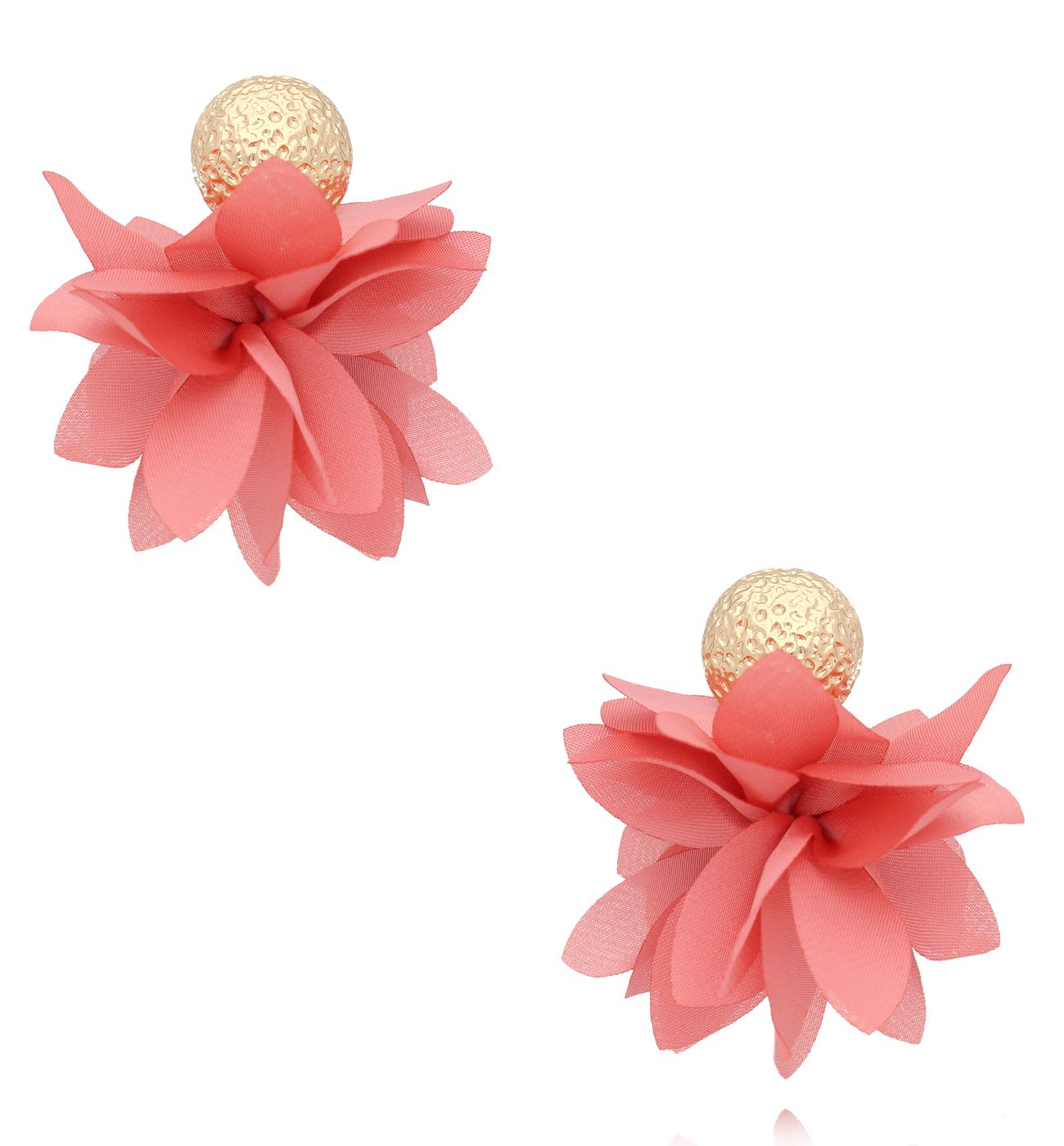 Kolczyki różowe materiałowe ze złotą kulką KBL2014