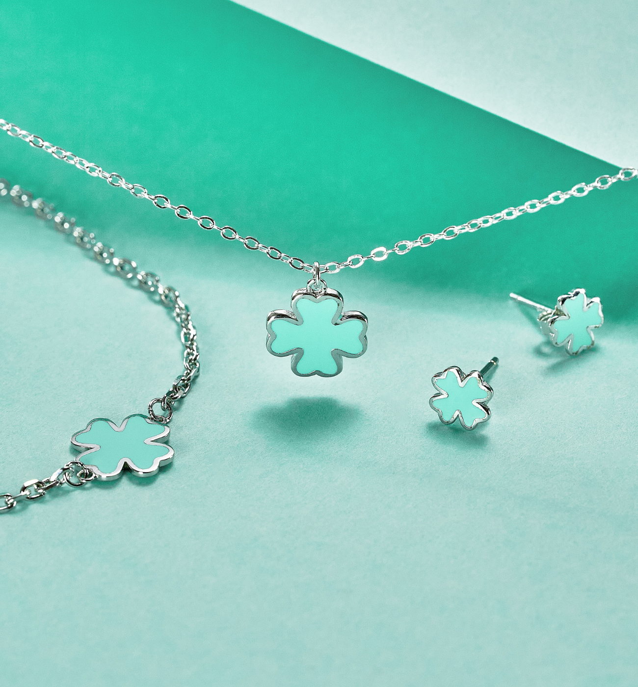 Zestaw srebrny z koniczynkami i miętową emalią Candyland ZCA0021 - By Dziubeka